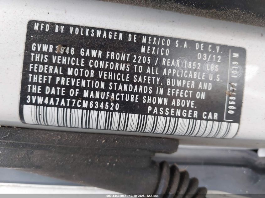 2012 Volkswagen Beetle 2.0T VIN: 3VW4A7AT7CM634520 Lot: 43432047
