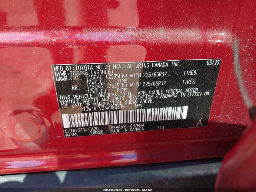 2025 Toyota Rav4 Xle VIN: 2T3W1RFV3SW396616 Lot: 43432050