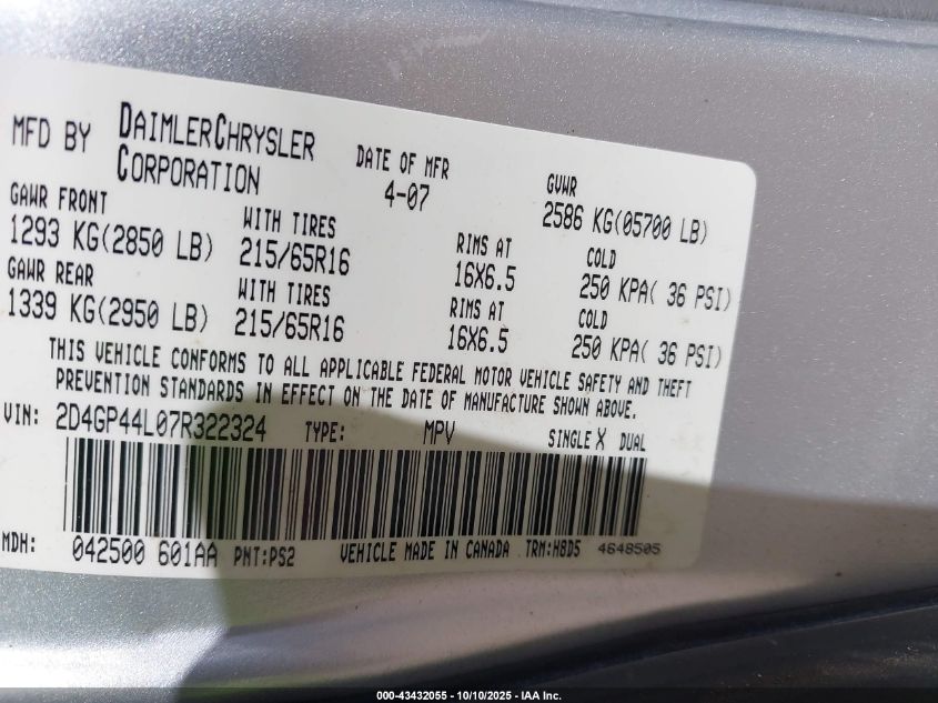 2007 Dodge Grand Caravan Sxt VIN: 2D4GP44L07R322324 Lot: 43432055