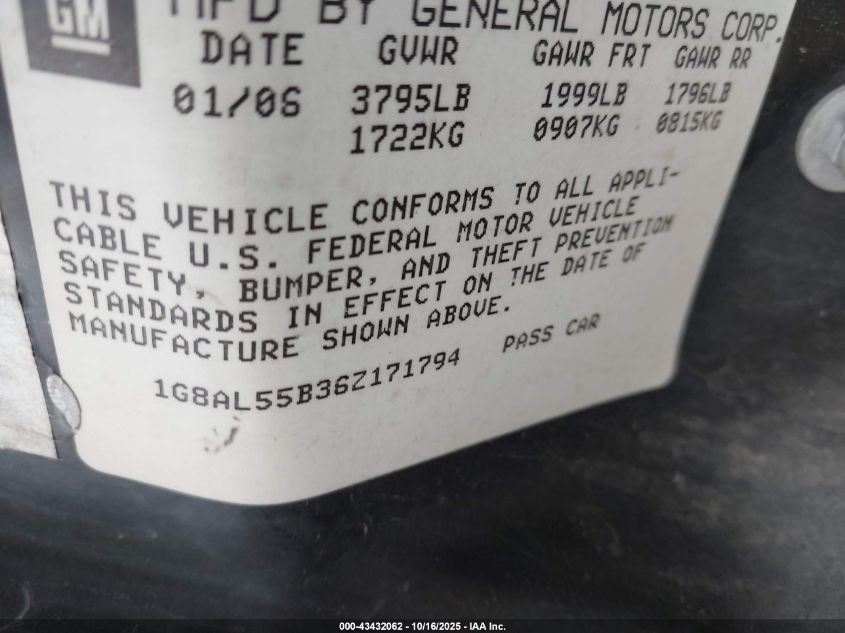 2006 Saturn Ion 3 VIN: 1G8AL55B36Z171794 Lot: 43432062