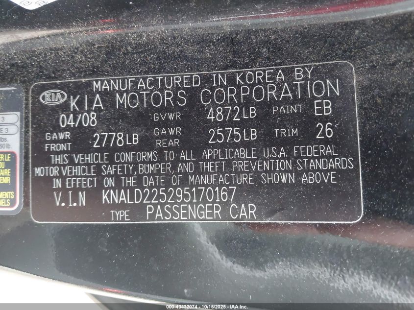 2009 Kia Amanti VIN: KNALD225295170167 Lot: 43432074