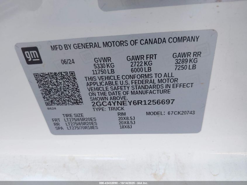 2024 Chevrolet Silverado 2500Hd 4Wd Standard Bed Lt VIN: 2GC4YNEY6R1256697 Lot: 43432090