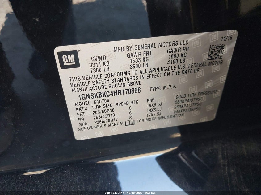 2017 CHEVROLET TAHOE LT 1GNSKBKC4HR178868