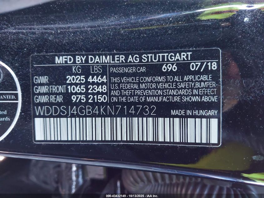 2019 Mercedes-Benz Cla 250 4Matic VIN: WDDSJ4GB4KN714732 Lot: 43432149