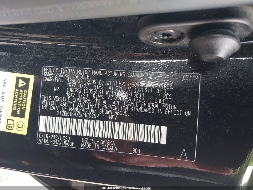 2013 Lexus Rx 350 VIN: 2T2BK1BAXDC160392 Lot: 43432161