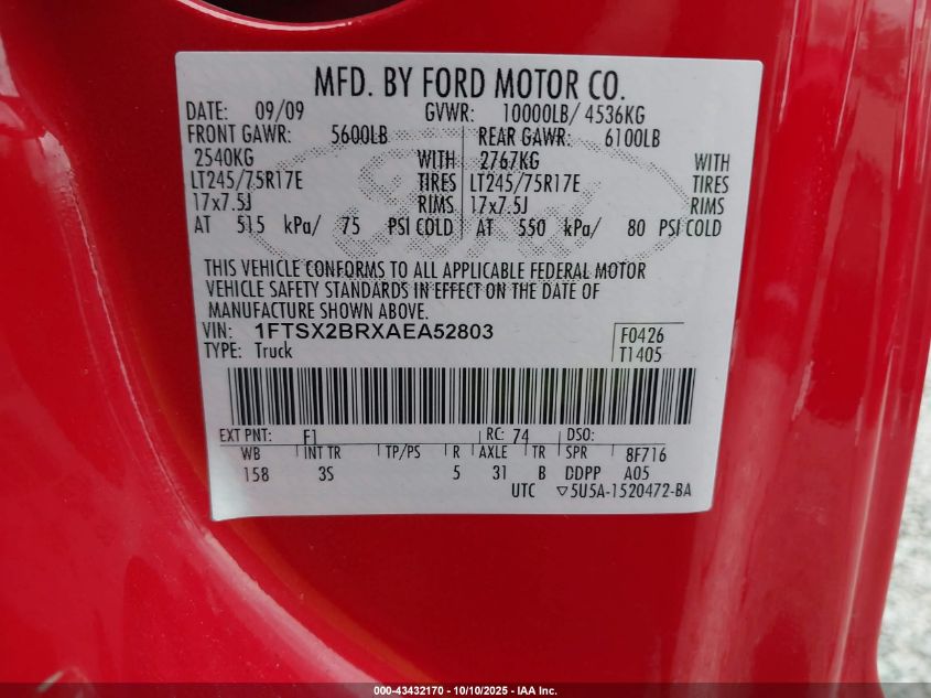 2010 Ford F-250 Lariat/Xl/Xlt VIN: 1FTSX2BRXAEA52803 Lot: 43432170