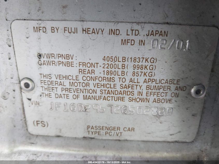 2002 Subaru Impreza Wrx VIN: JF1GD29672G502820 Lot: 43432176