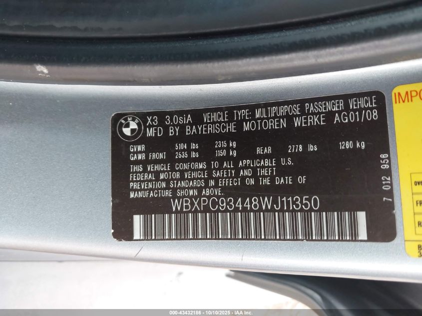 2008 BMW X3 3.0Si VIN: WBXPC93448WJ11350 Lot: 43432186