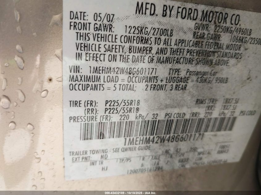 2008 Mercury Sable Premier VIN: 1MEHM42W48G601171 Lot: 43432189