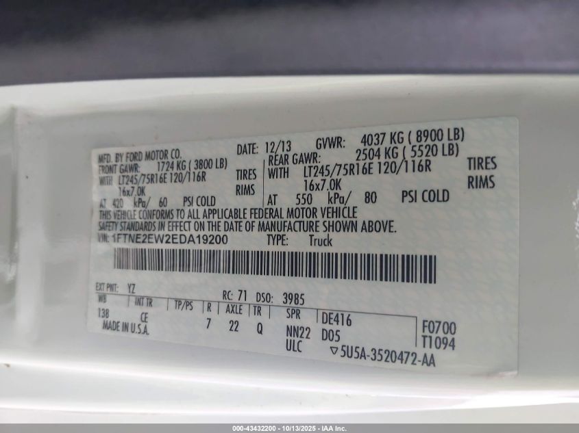 2014 Ford E-250 Commercial VIN: 1FTNE2EW2EDA19200 Lot: 43432200