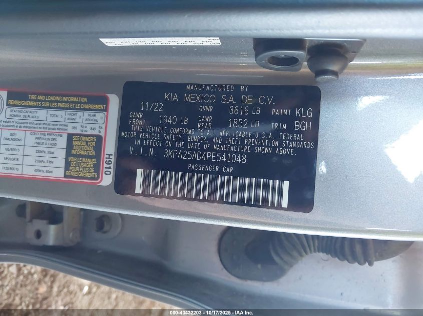 2023 Kia Rio 5-Door S VIN: 3KPA25AD4PE541048 Lot: 43432203