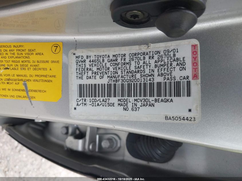 2002 Lexus Es 300 VIN: JTHBF30G920013143 Lot: 43432216