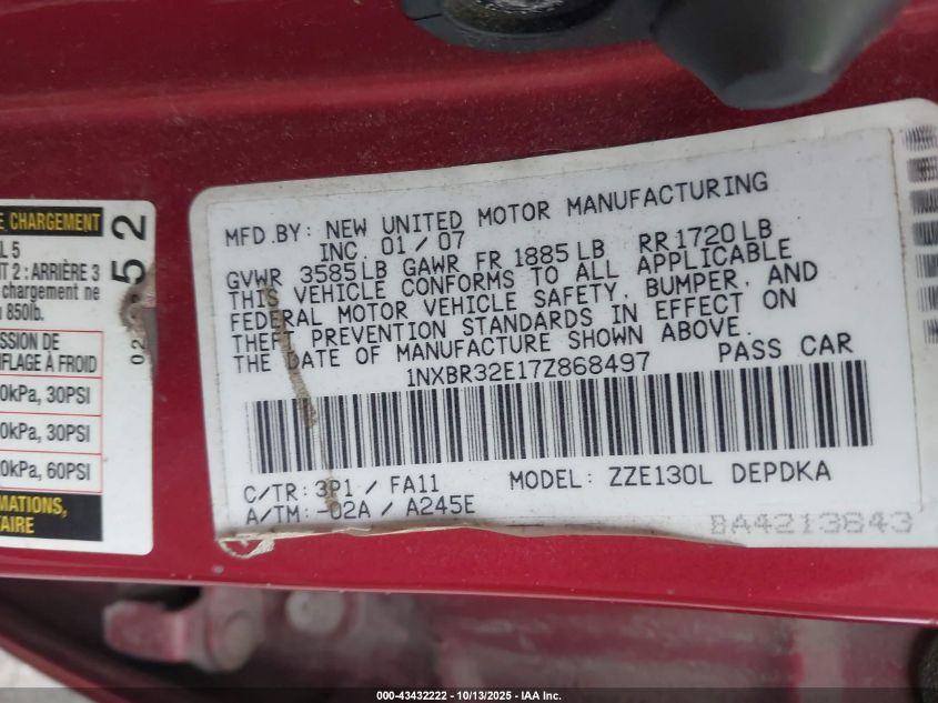 2007 Toyota Corolla Ce VIN: 1NXBR32E17Z868497 Lot: 43432222