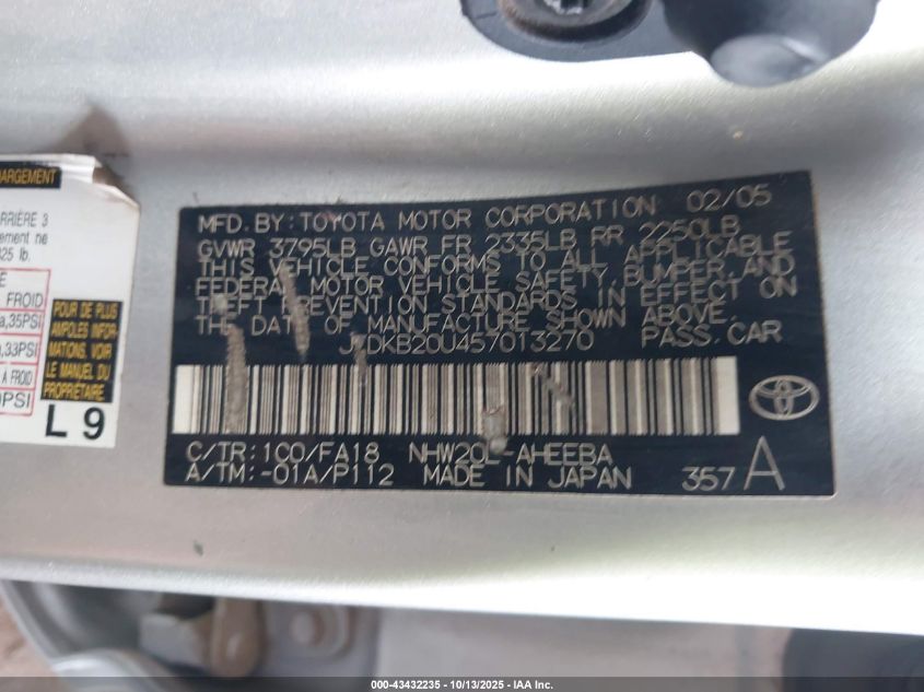 2005 Toyota Prius VIN: JTDKB20U457013270 Lot: 43432235