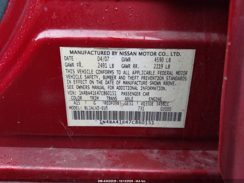 2007 Nissan Maxima 3.5 Se VIN: 1N4BA41E47C860151 Lot: 43432239