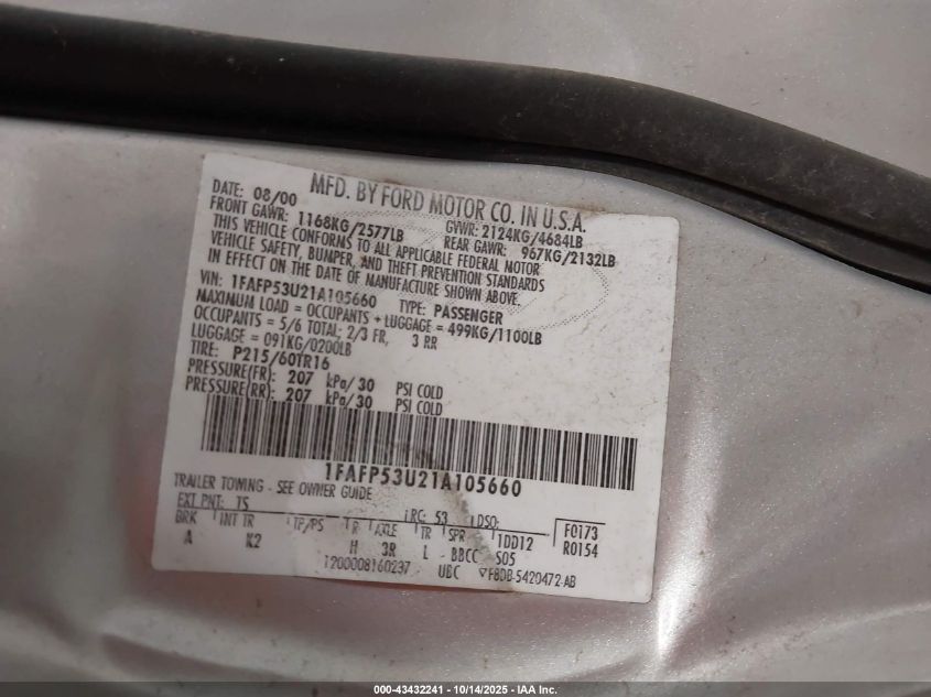 2001 Ford Taurus Se VIN: 1FAFP53U21A105660 Lot: 43432241