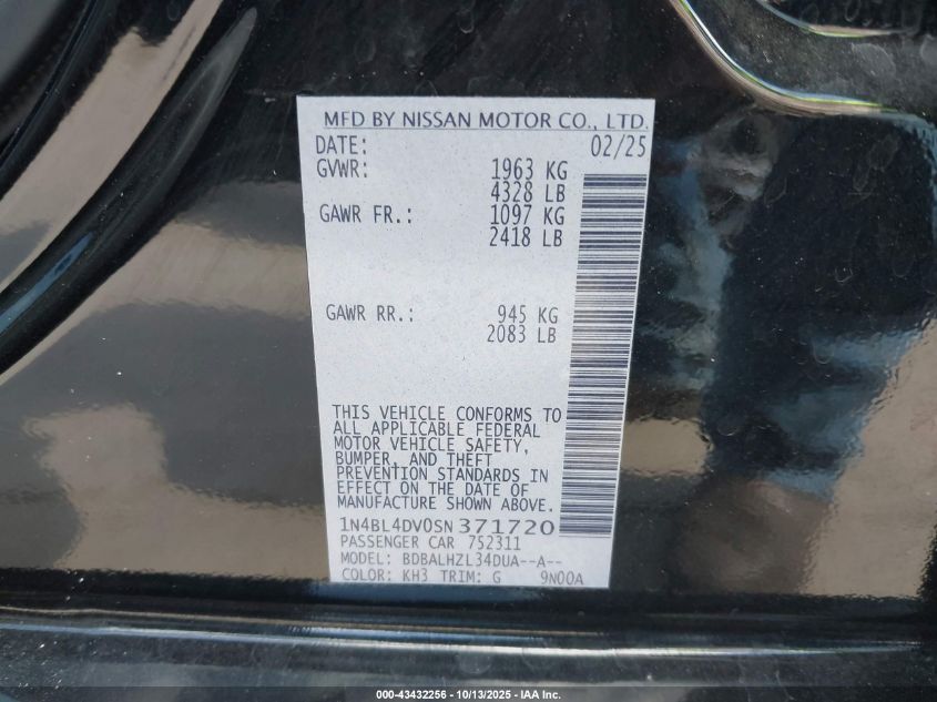 2025 Nissan Altima Sv Fwd VIN: 1N4BL4DV0SN371720 Lot: 43432256