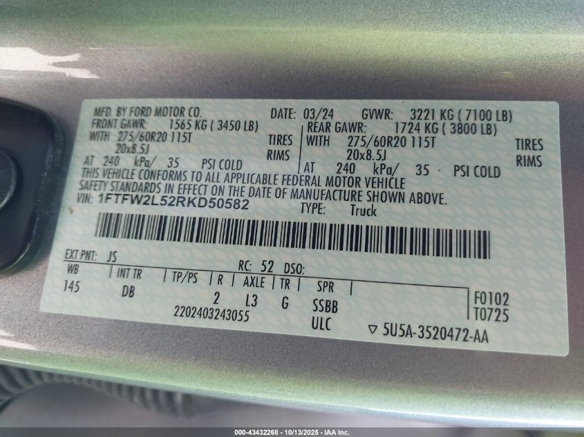 2024 Ford F-150 Stx VIN: 1FTFW2L52RKD50582 Lot: 43432268