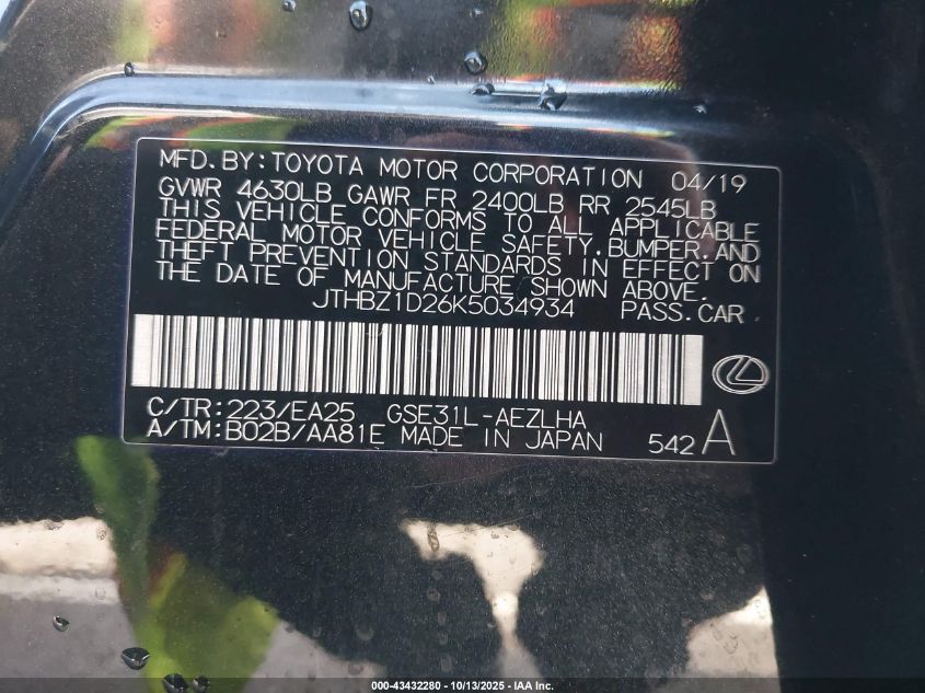 2019 Lexus Is 350 VIN: JTHBZ1D26K5034934 Lot: 43432280