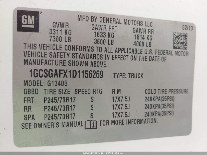 2013 Chevrolet Express 1500 Work Van VIN: 1GCSGAFX1D1156269 Lot: 43432282