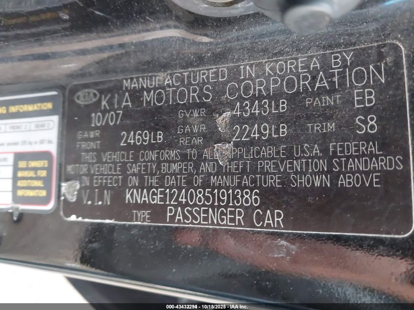 2008 Kia Optima Lx V6 VIN: KNAGE124085191386 Lot: 43432294