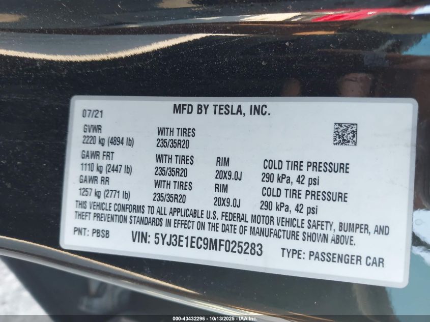 2021 Tesla Model 3 Performance Dual Motor All-Wheel Drive VIN: 5YJ3E1EC9MF025283 Lot: 43432296