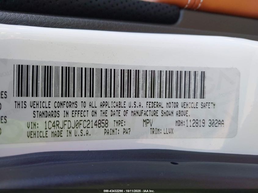 2015 Jeep Grand Cherokee Srt VIN: 1C4RJFDJ0FC214858 Lot: 43432298