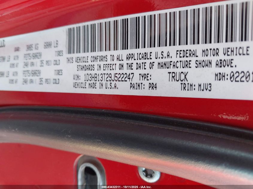 2009 Dodge Ram 1500 Slt/Sport/Trx VIN: 1D3HB13T29J522247 Lot: 43432311