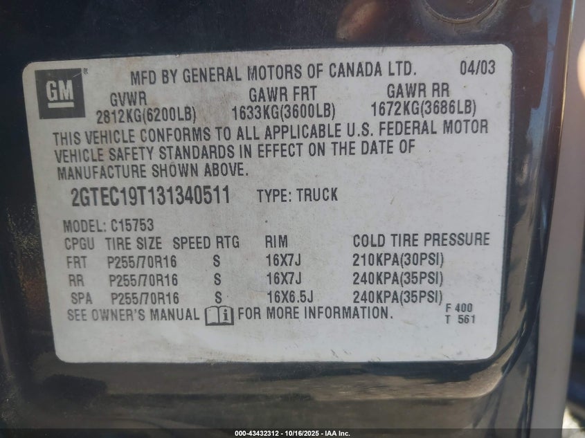 2GTEC19T131340511 2003 GMC SIERRA photo no. 9