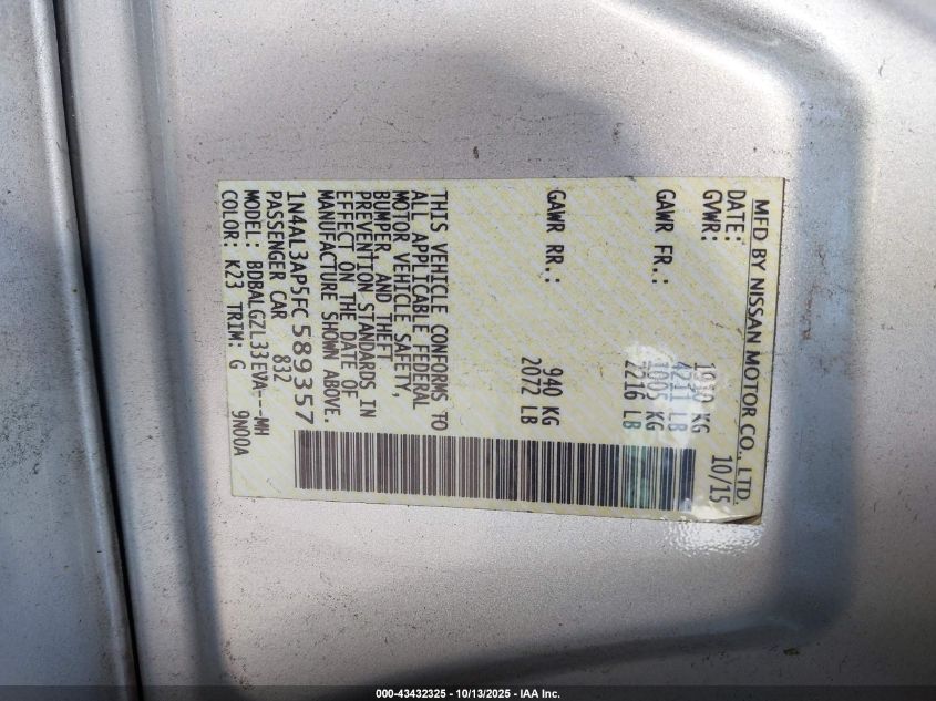 2015 Nissan Altima 2.5 S VIN: 1N4AL3AP5FC589357 Lot: 43432325