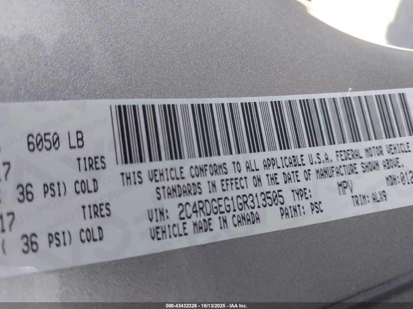 2016 Dodge Grand Caravan R/T VIN: 2C4RDGEG1GR313505 Lot: 43432326