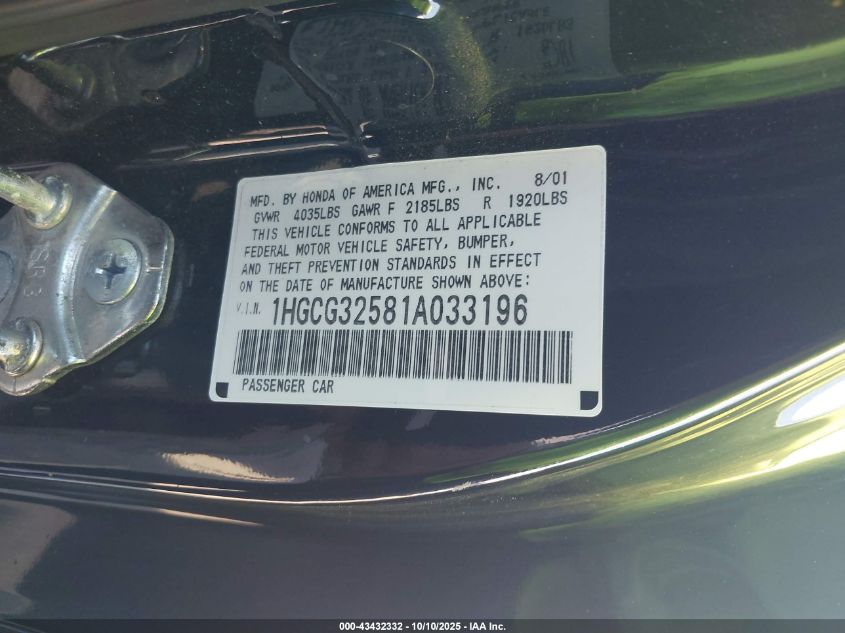 2001 Honda Accord 2.3 Ex VIN: 1HGCG32581A033196 Lot: 43432332