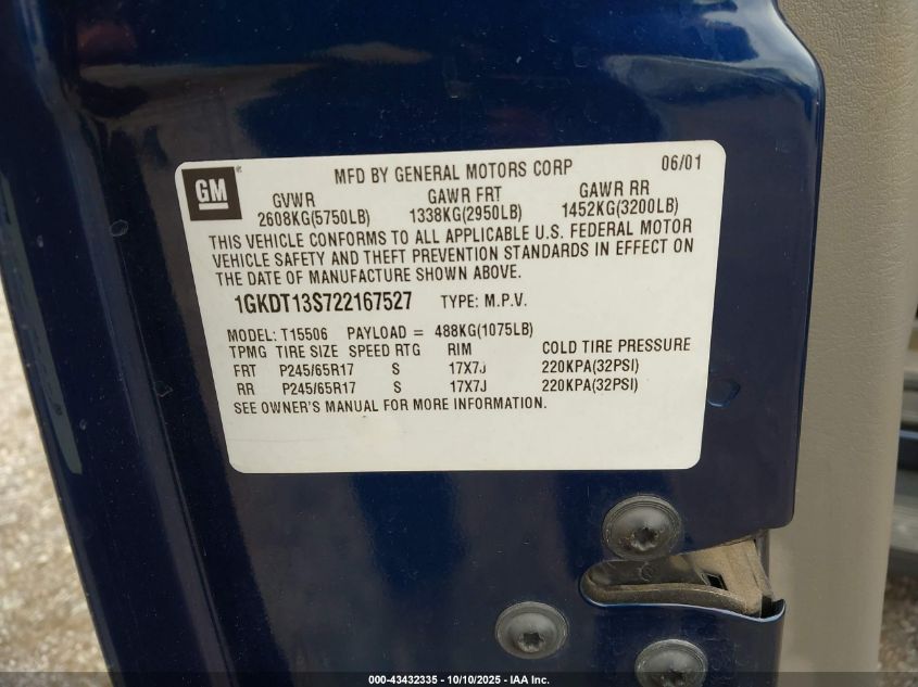 2002 GMC Envoy Sle VIN: 1GKDT13S722167527 Lot: 43432335