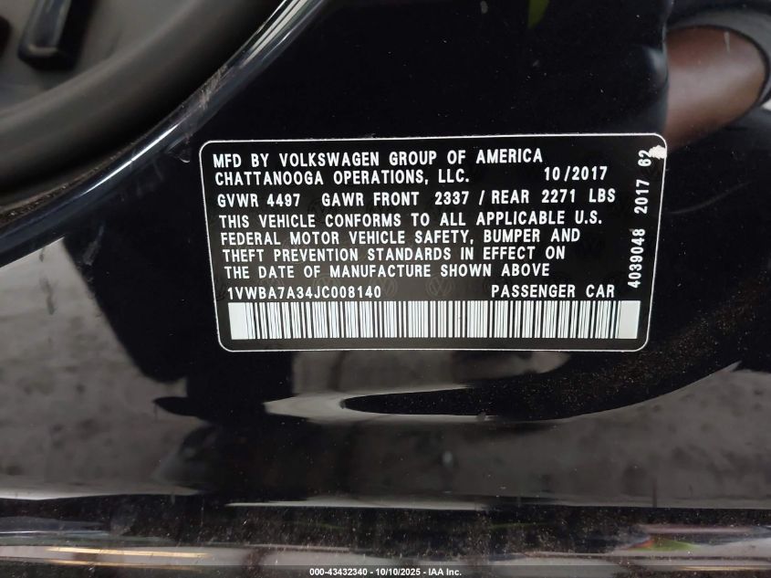 2018 Volkswagen Passat 2.0T Se VIN: 1VWBA7A34JC008140 Lot: 43432340