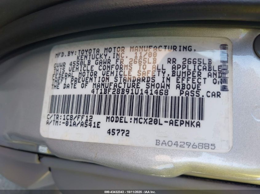 2001 Toyota Avalon Xl VIN: 4T1BF28B91U141468 Lot: 43432343