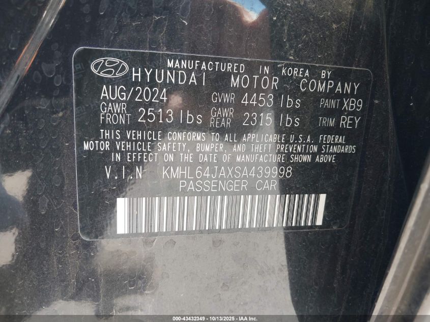 2025 Hyundai Sonata Sel VIN: KMHL64JAXSA439998 Lot: 43432349