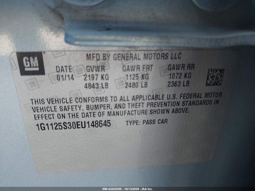 2014 Chevrolet Impala 2Lt VIN: 1G1125S30EU148645 Lot: 43432355