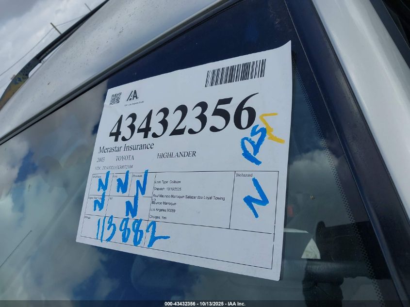 2003 Toyota Highlander VIN: JTEGD21AX30072104 Lot: 43432356