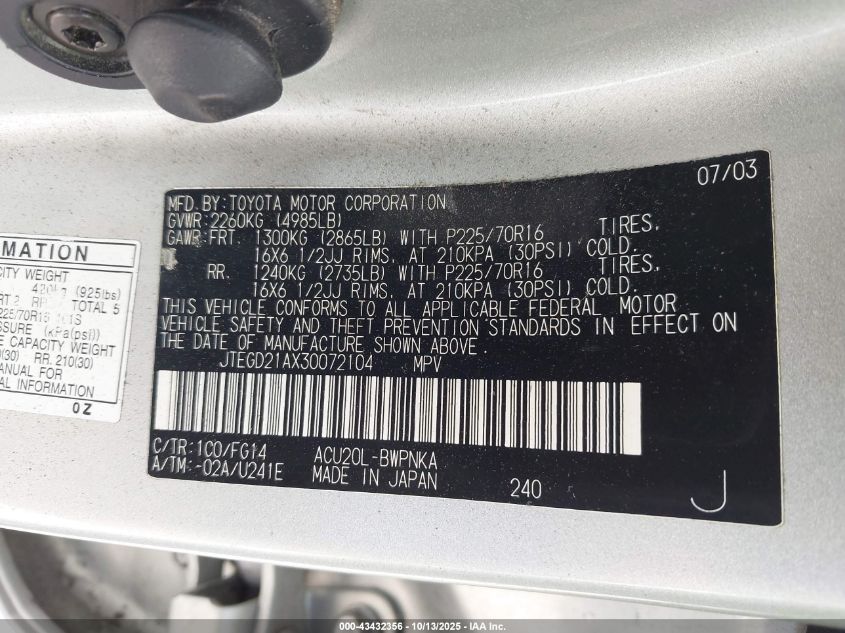 2003 Toyota Highlander VIN: JTEGD21AX30072104 Lot: 43432356