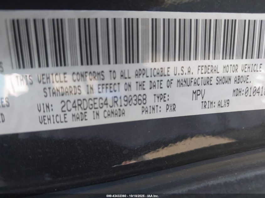 2018 Dodge Grand Caravan Gt VIN: 2C4RDGEG4JR190368 Lot: 43432360