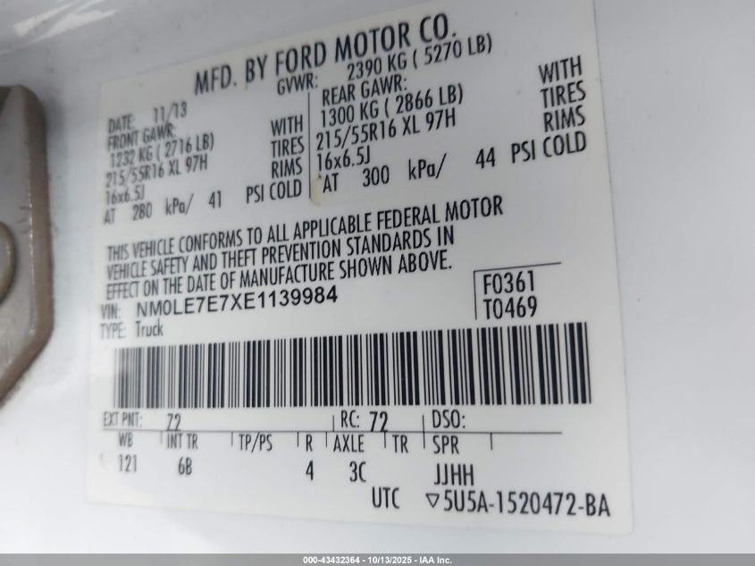 2014 Ford Transit Connect Xl VIN: NM0LE7E7XE1139984 Lot: 43432364