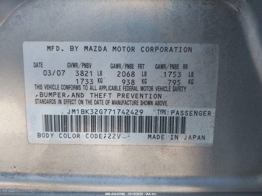 2007 Mazda Mazda3 I VIN: JM1BK32G771742429 Lot: 43432366