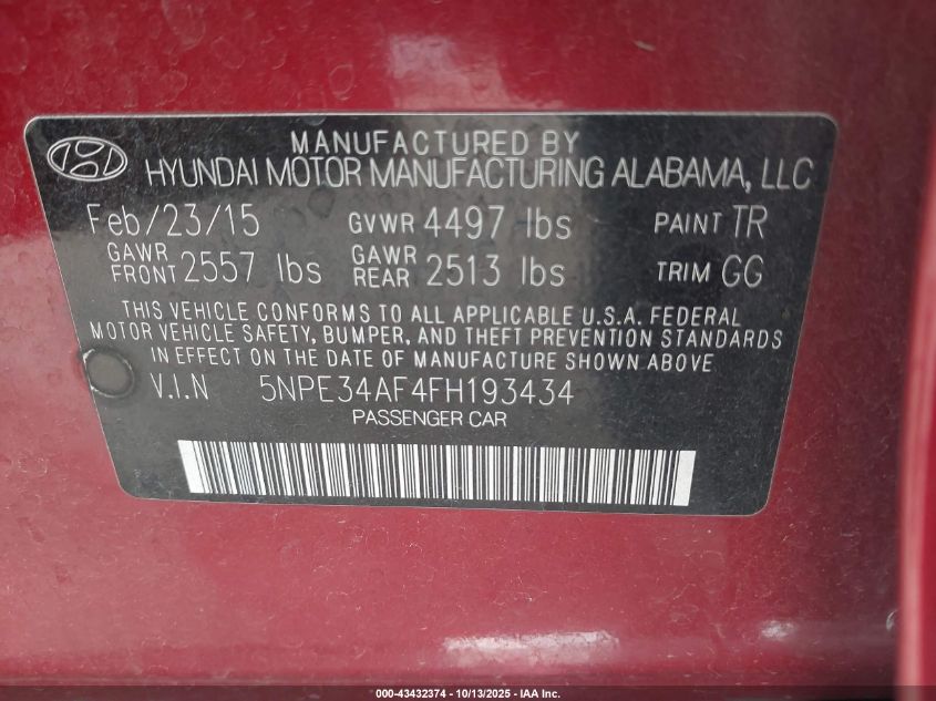 2015 Hyundai Sonata Sport VIN: 5NPE34AF4FH193434 Lot: 43432374