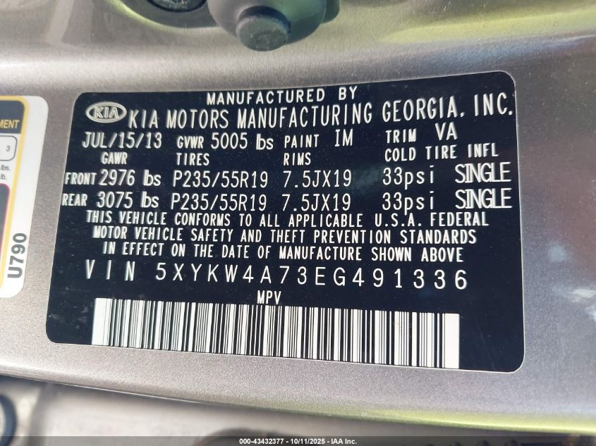 2014 Kia Sorento Limited V6 VIN: 5XYKW4A73EG491336 Lot: 43432377