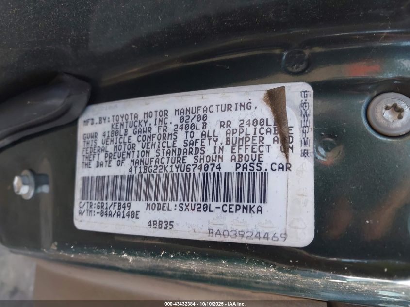 2000 Toyota Camry Le VIN: 4T1BG22K1YU674074 Lot: 43432384