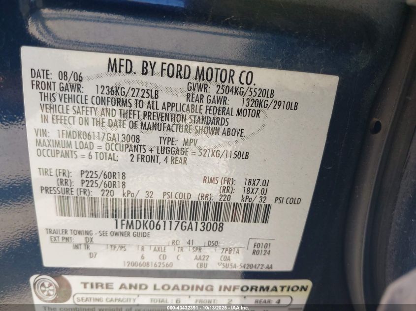 2007 Ford Freestyle Limited VIN: 1FMDK06117GA13008 Lot: 43432391