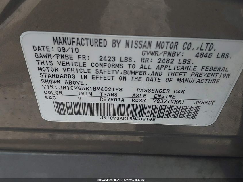 2011 Infiniti G37X VIN: JN1CV6AR1BM402168 Lot: 43432398