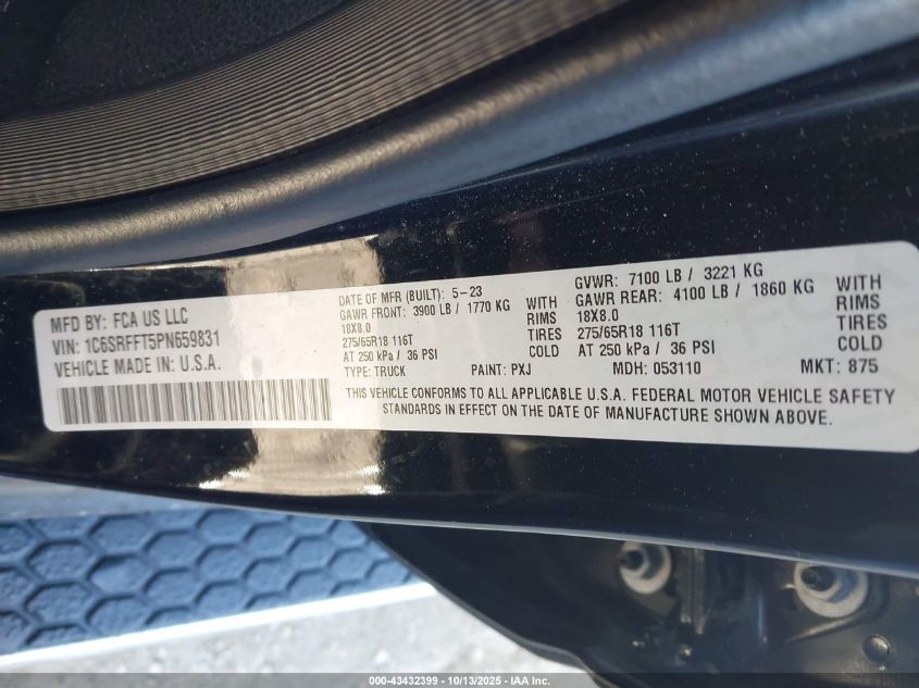 2023 Ram 1500 Big Horn 4X4 5'7 Box VIN: 1C6SRFFT5PN659831 Lot: 43432399