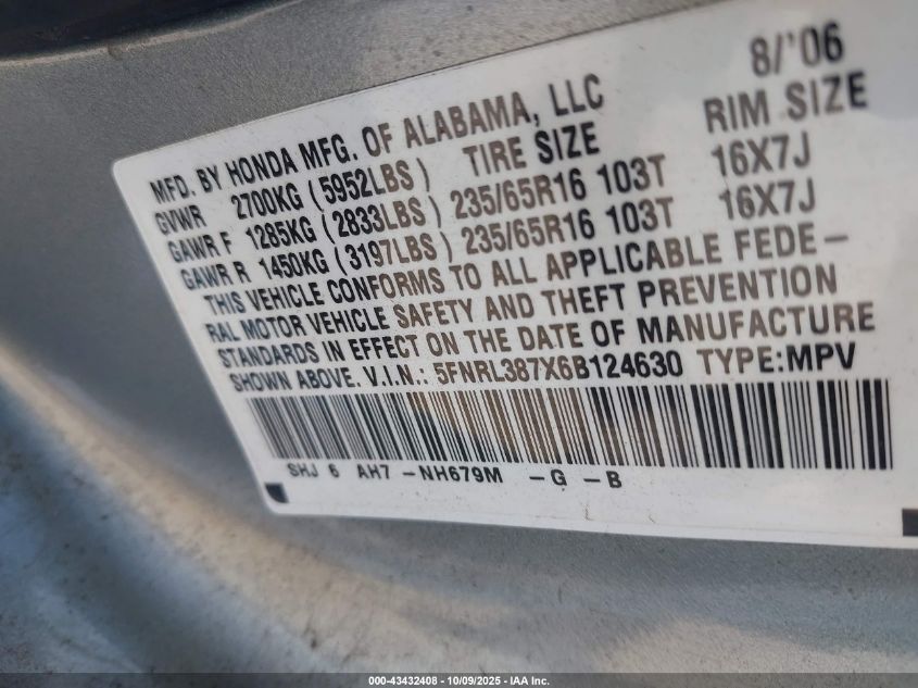 2006 Honda Odyssey Ex-L VIN: 5FNRL387X6B124630 Lot: 43432408