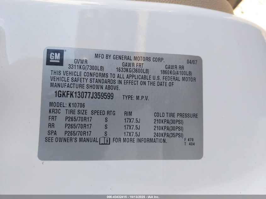 2007 GMC Yukon Slt VIN: 1GKFK13077J359599 Lot: 43432415
